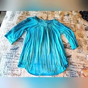 Studio West Boho Peasant Top Small Blue Crochet Trim Long Sleeve